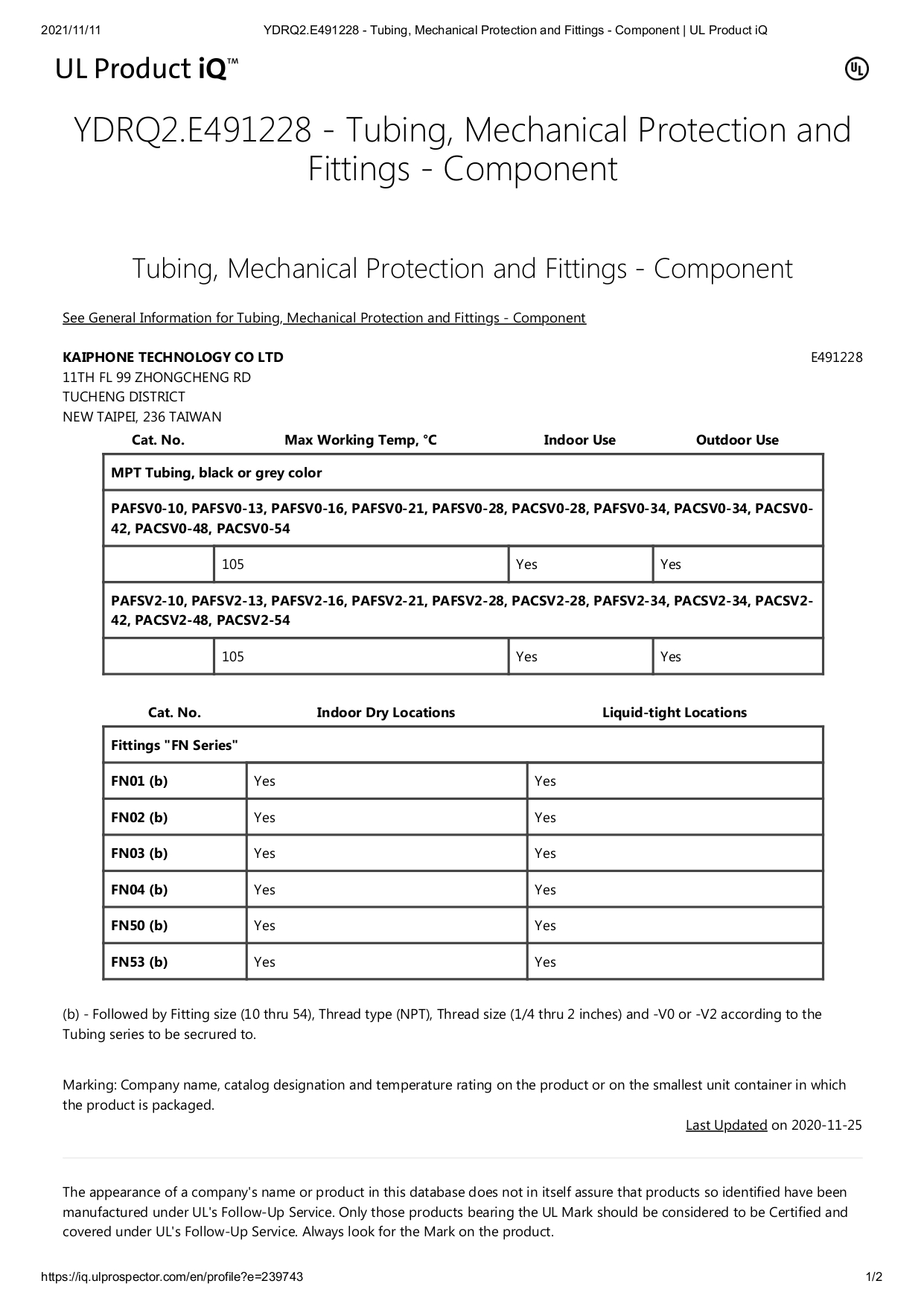 YDRQ2.E491228 - Tubing, Mechanical Protection and Fittings Certified